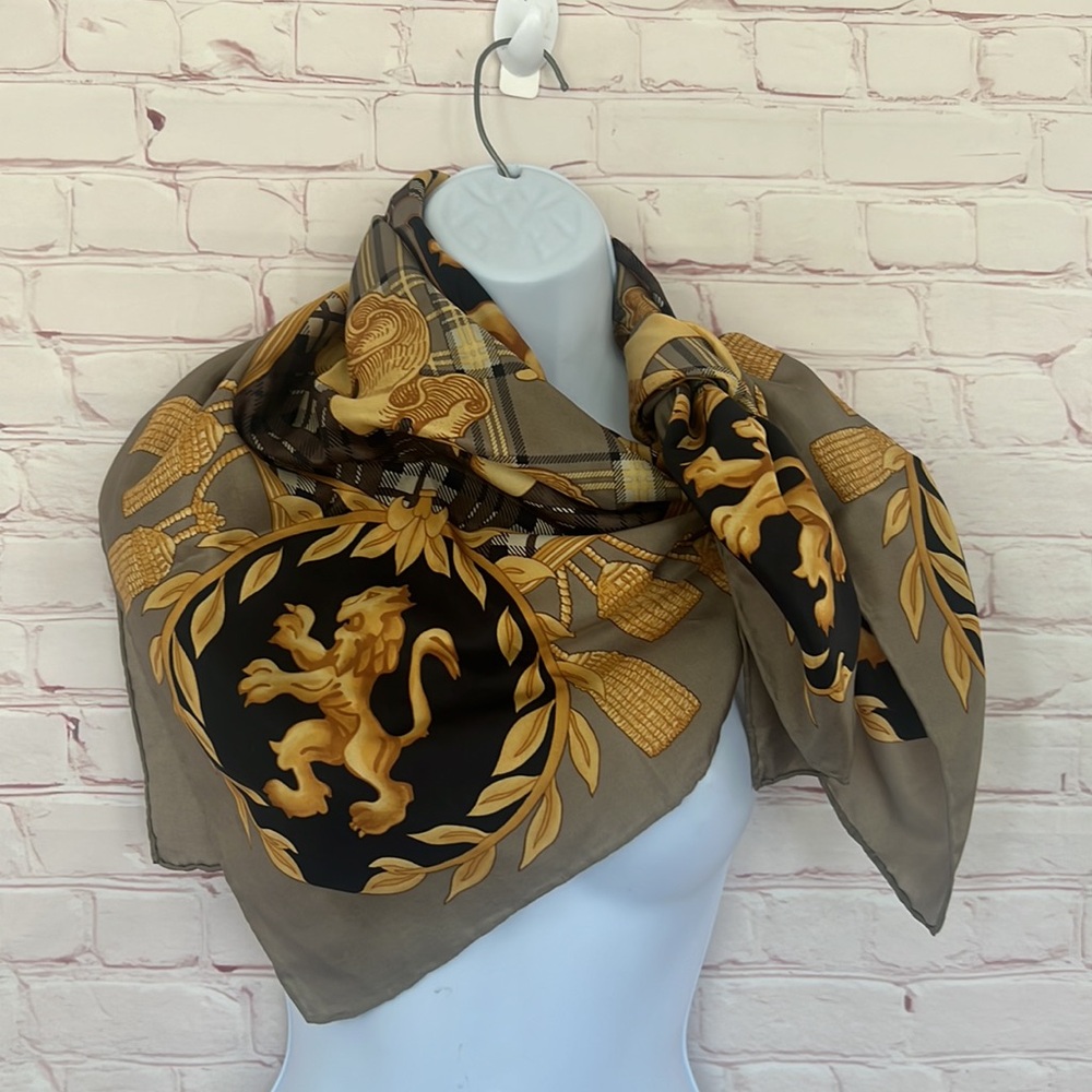 VTG 80’s Express handsome gold taupe scarf lions tassel preppy 80’s square - Picture 3 of 7